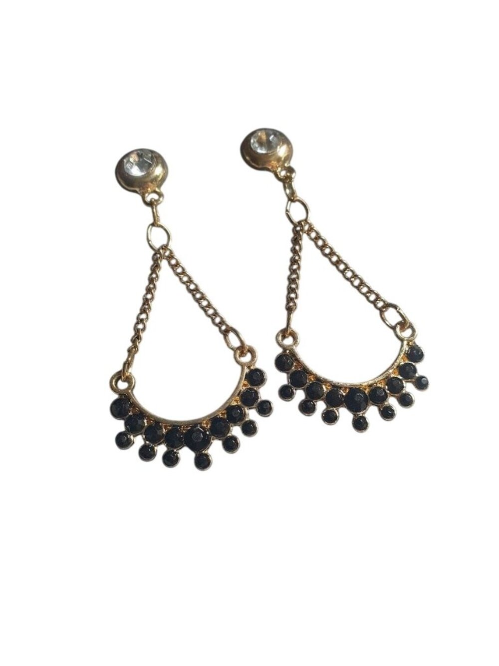 Goldtone Dangling Chain Earring Crystal Stud Black Charm Rhinestone Jewelry Gift